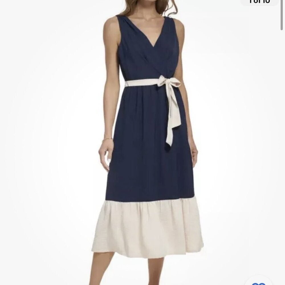 DKNY Womens Size 12 Navy Tan V Neck Midi Dress Tie Waist Tiered NEW